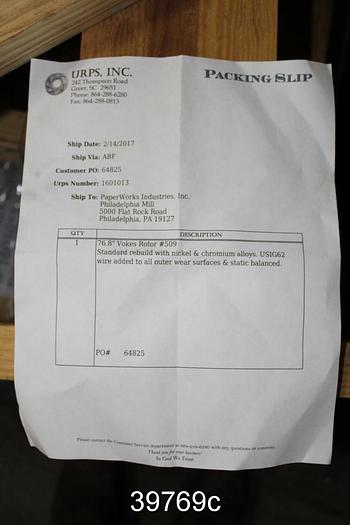 Refurbished Black Clawson Vokes Rotor, 8 Vane, 76.8" Storeroom Spare #39769