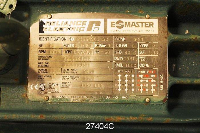 Used Reliance  Ac Motor, 75 Hp, 1770 Rpm, 230/460V, Frame 365T, S.F. 1.15, 178/89 Amps, 3 Phase, Tefc, Continuous Duty #27404