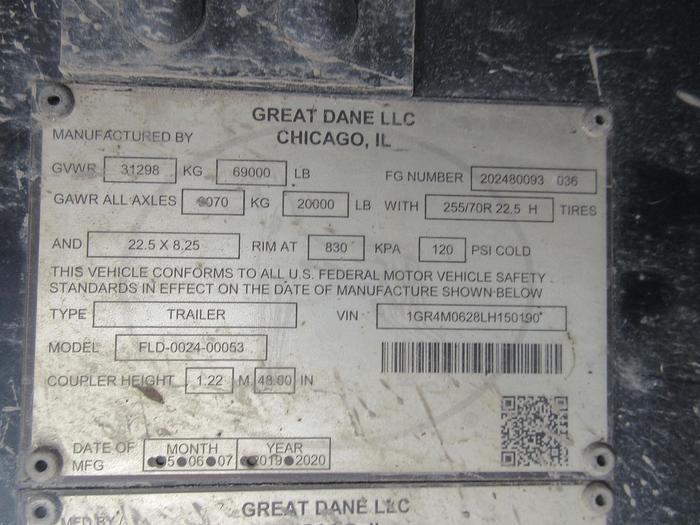 Used 2020 GREAT DANE 53 CAL LEGAL REAR SLIDE