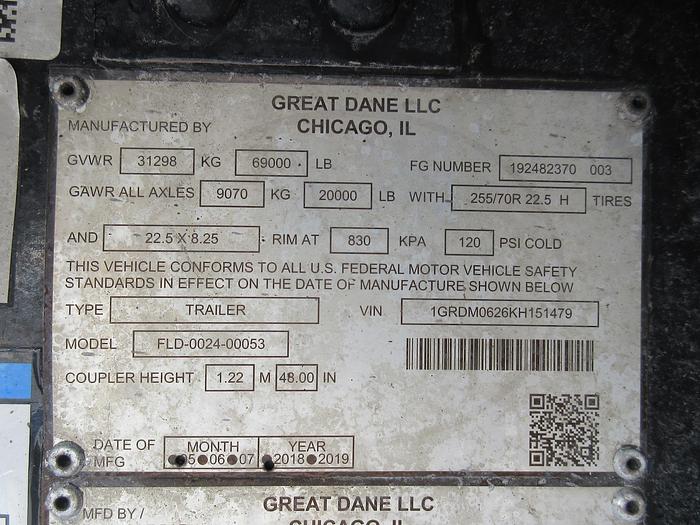 Used 2019 GREAT DANE 53 CAL LEGAL REAR SLIDE