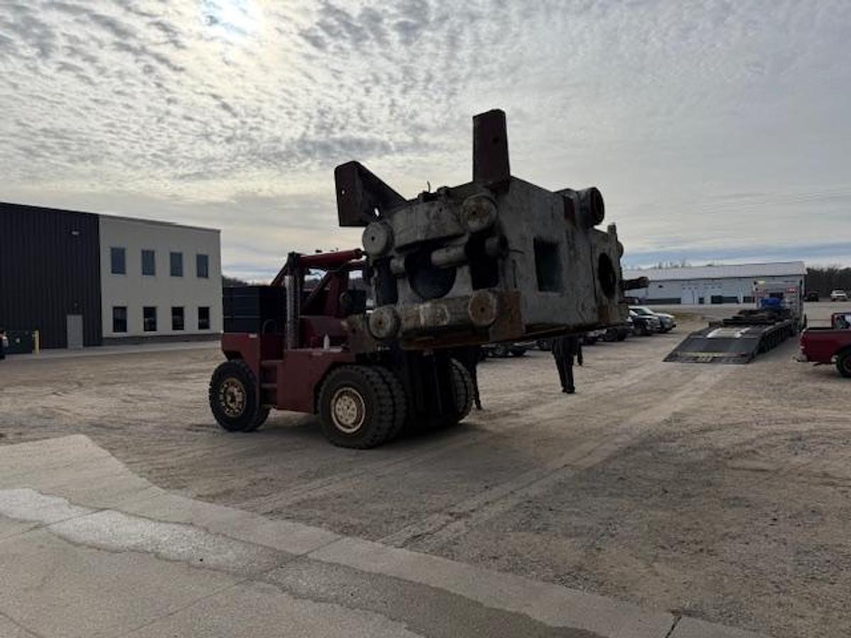 Used 120,000 lb Capacity Forklift – 36” Load Center – Cummins Engine – 8’ Forks – Hydraulic Rigging Boom – 2003