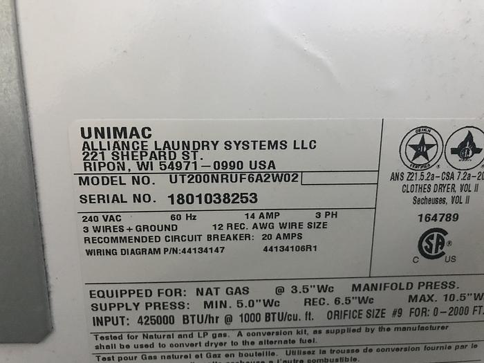 Used 2018 UNIMAC 200LB GAS DRYER