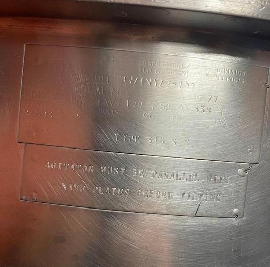 Used GROEN DN/INA/2-100 100 GAL TILTING STEAM KETTLE w/ AGITATION & SCRAPE & AGITATION PISTON LIFT OUT (#842)