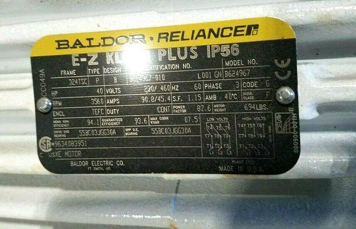 Used Baldor E-Z Kleen Plus IP56 40 HP Electric Motor 3560 RPM CLEAN ROOM Pharma