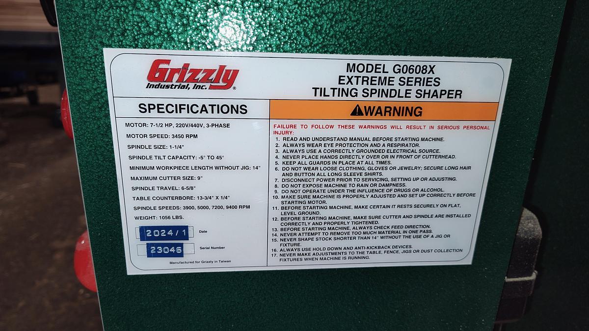 Used 2024 Grizzly G-O6080X heavy duty tilt spindle shaper