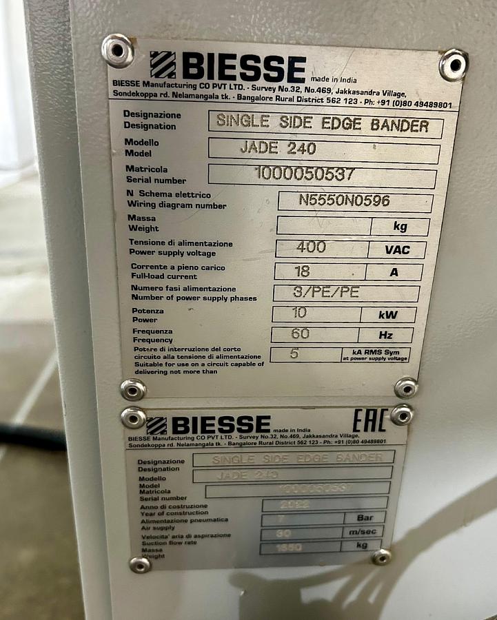 Used 2022 Biesse Jade 240 edgebander with Pre-mill and 2 motor corner rounding