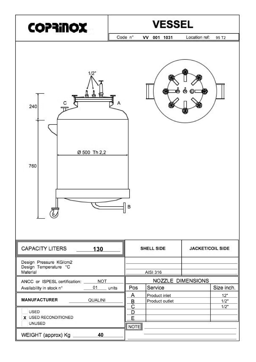 Usato Serbatoio QUALINI da 130 Litri