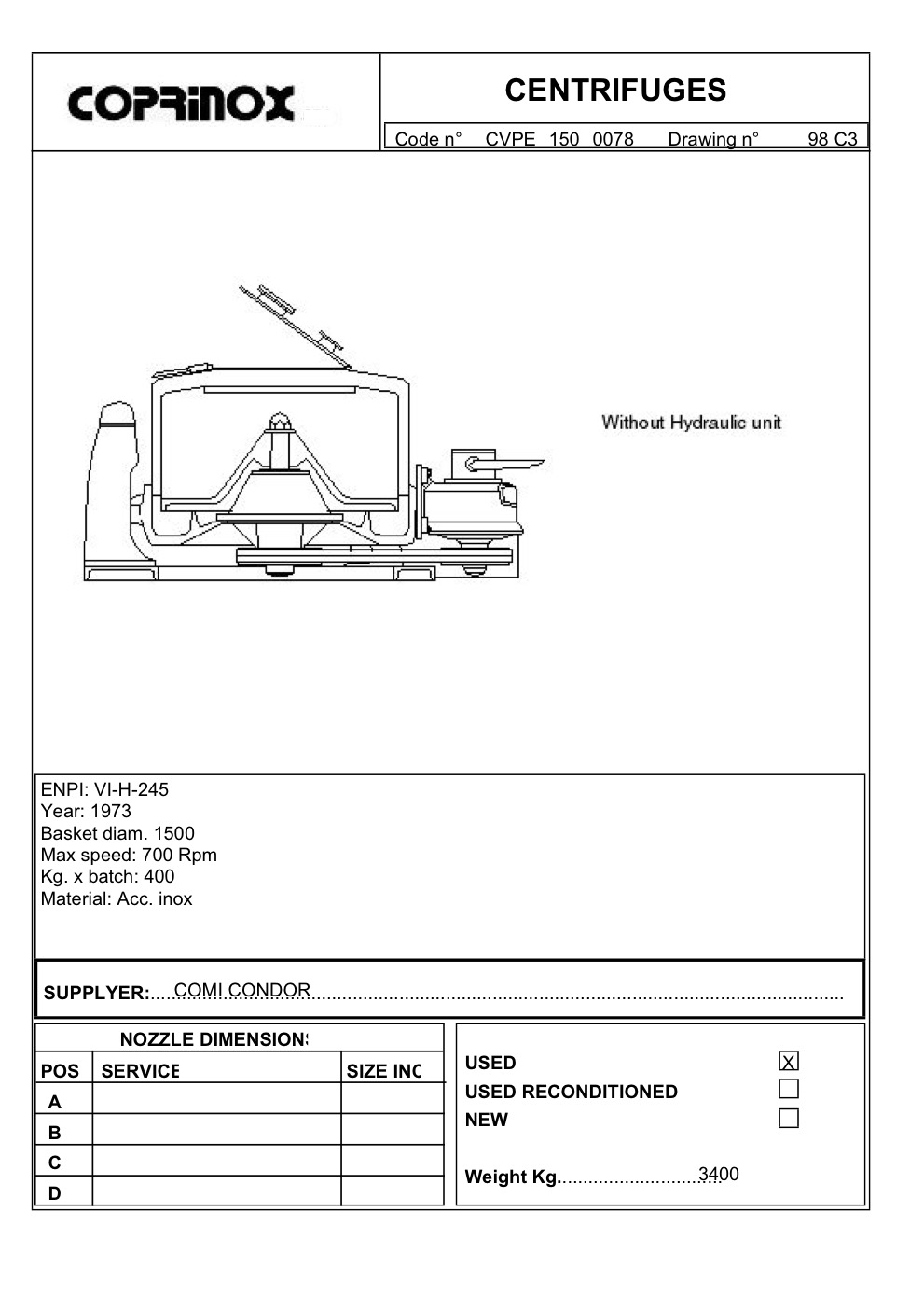 Used Comi Condor basket centrifuge, Ø 1500 mm