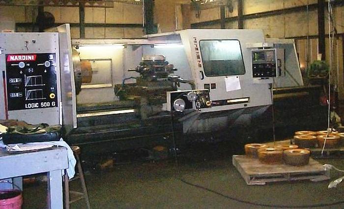Used Nardini CNC Lathe, Logic 500G, 40" x 168", 7 1/4" Spindle Bore, Steady Rest, Fanuc CNC, ID15348