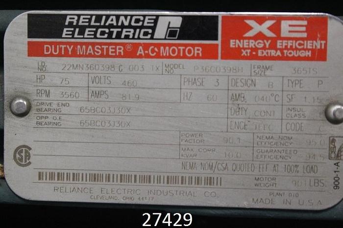 Used Reliance P36G0398H AC Motor, 75 Hp, 3560 Rpm, 460V, Frame 365TS #27429