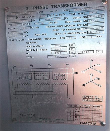 Used 1990 Carte 3PH 3 MVA 24940Y/14400 4160Y/2400 Transformer