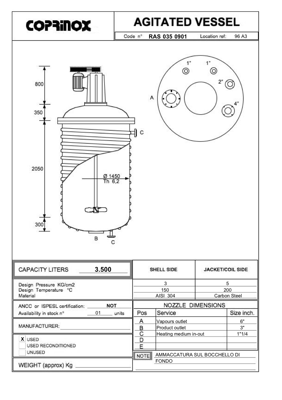 Usato Reattore  da 3500 Litri