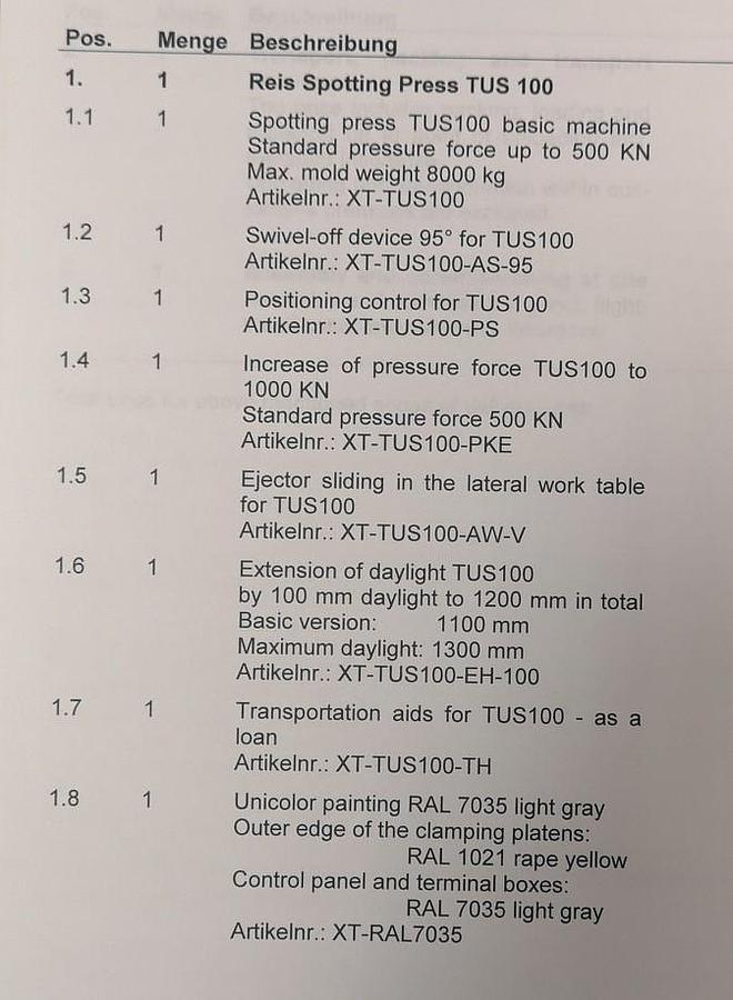 Used Tuschierpresse REIS TUS 100-100 EXCELLENT CONDITION WITH LOW HOURS