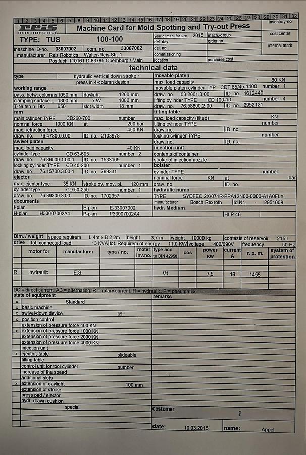 Used Tuschierpresse REIS TUS 100-100 EXCELLENT CONDITION WITH LOW HOURS