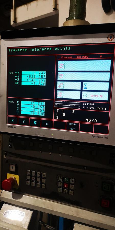 Used Technical data  Travel distances • X-axis (rotary table): 1,500 mm • Y-axis (vertical spindle): 1,300 mm • Z-axis (horizontal spindle): 750 mm  Control • CNC control: Control conversion to Heidenhain TNC 355 Conversion to Heidenhain TNC 415 possible  Automatic swivel head  (Switch between horizontal and vertical machining) Quill 120 mm Milling spindle holder SK 50 Speed 2,500 rpm  Year of manufacture 1994 • 2016 – General overhaul  Stepless NC rotary table • Rückle PKTF 55 • Clamping surface: 1500 x 1250 mm  Translated with DeepL.com (free version)