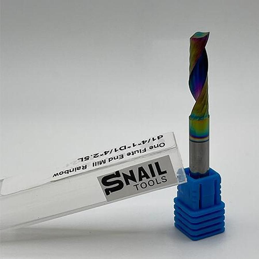 Snail Tools Solid Carbide Single Flute End Mill – Rainbow Coated (1/4″ Dia, 2.5″ L)