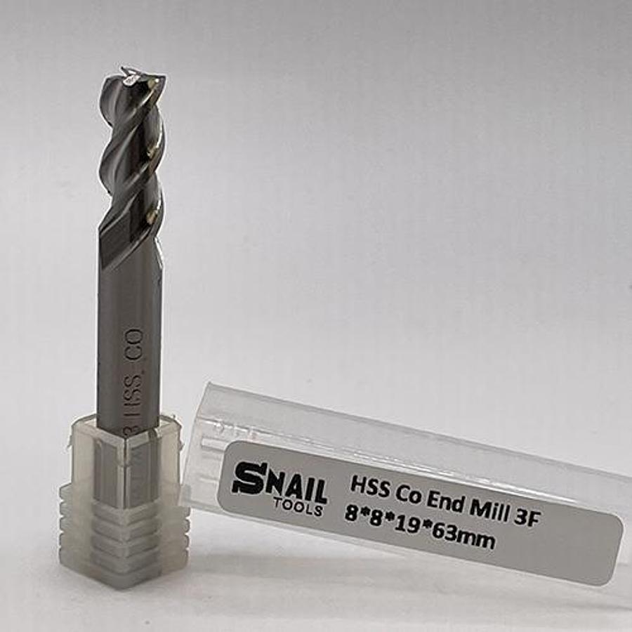 Snail Tools HSS Co Three Flute End Mill (8 x 8 x 19 x 63MM)