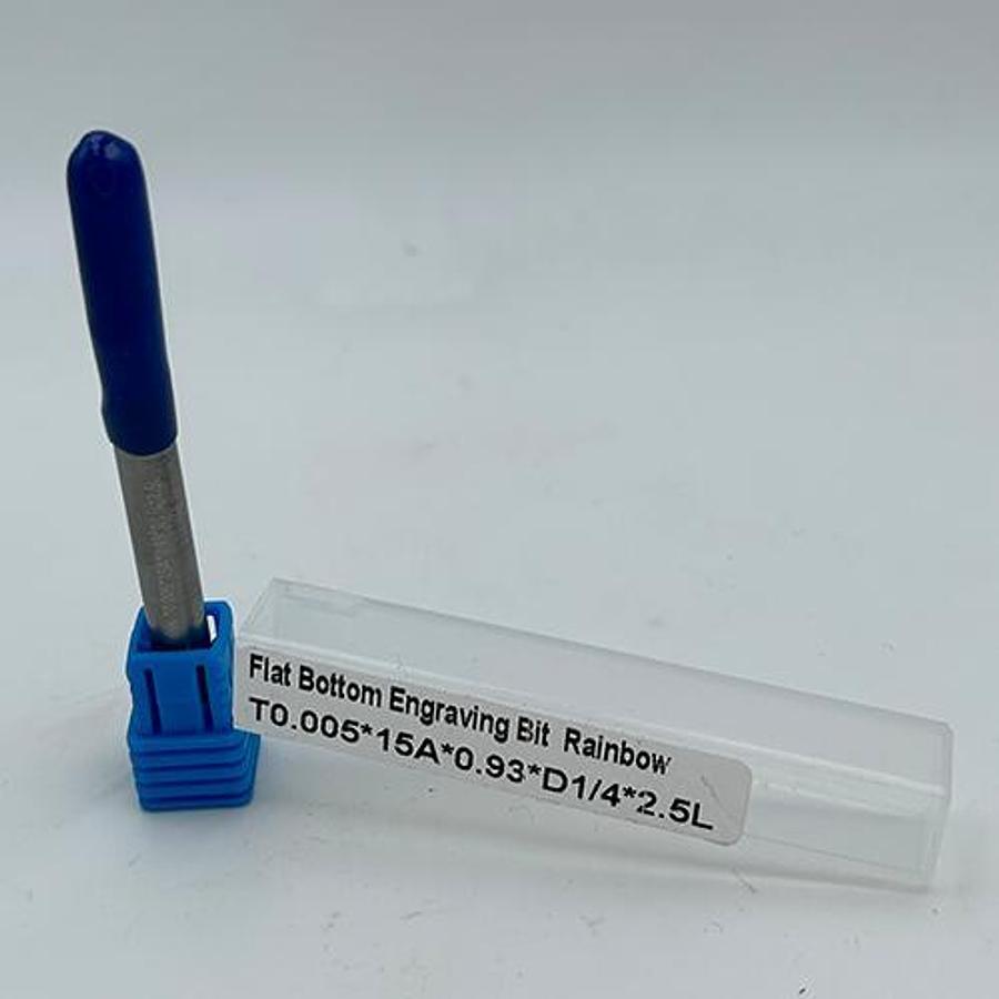 Solid Carbide Flat Bottom Engraving Bit – Rainbow Coated (T0.005 Tip, 15° Angle)
