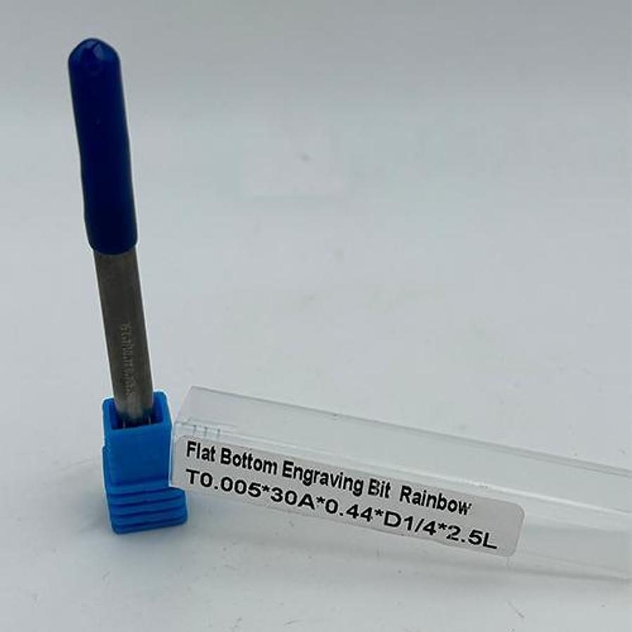 Solid Carbide Flat Bottom Engraving Bit – Rainbow Coated (T0.005 Tip, 30° Angle)
