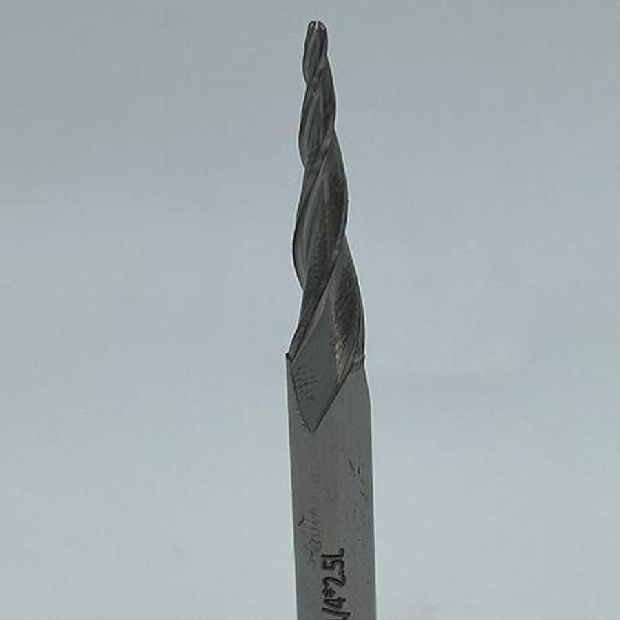 Solid Carbide 3 Flute Tapered Ball Nose End Mill (R1/32, 1/4″ Shank, 2.5″ Long)