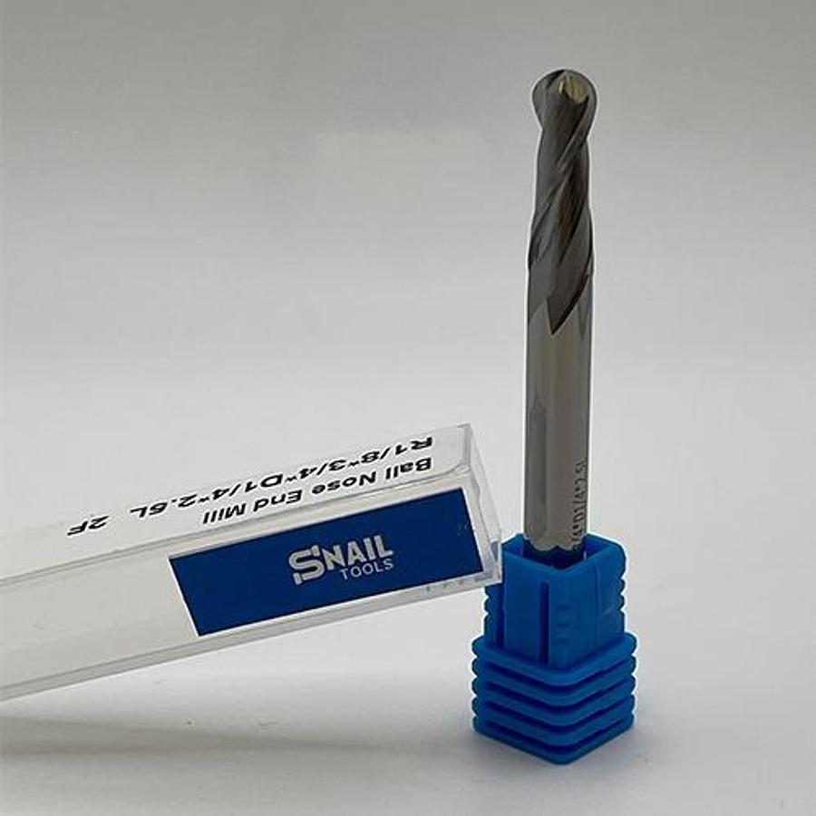 Solid Carbide 2 Flute Tapered Ball Nose End Mill (R1/8, 1/4″ Shank, 2.5″ Long)
