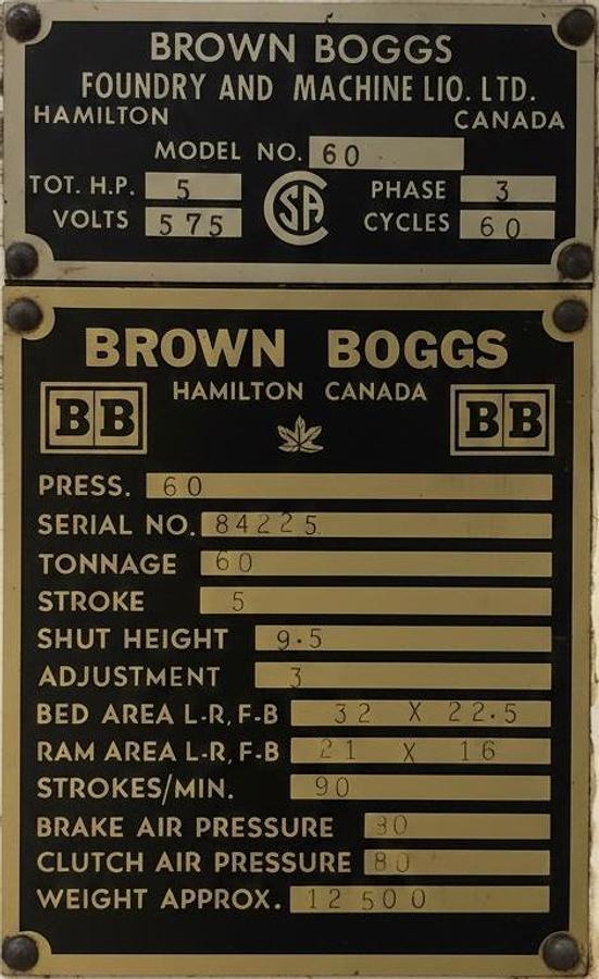 Used Mechanical Stamping Press 60-Ton Brown Boggs – Canadian Built – Used – GTA from the owner