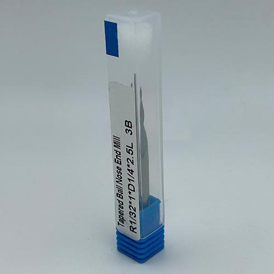 Solid Carbide 3 Flute Tapered Ball Nose End Mill (R1/32, 1/4″ Shank, 2.5″ Long)