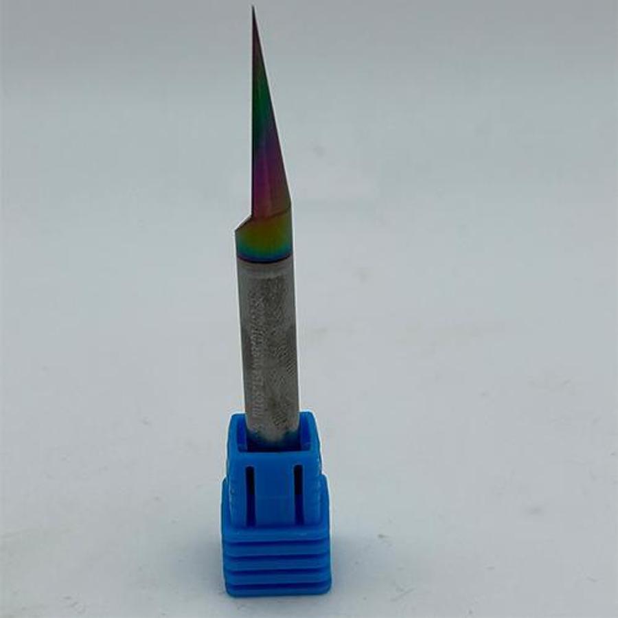 Solid Carbide Flat Bottom Engraving Bit – Rainbow Coated (T0.005 Tip, 15° Angle)