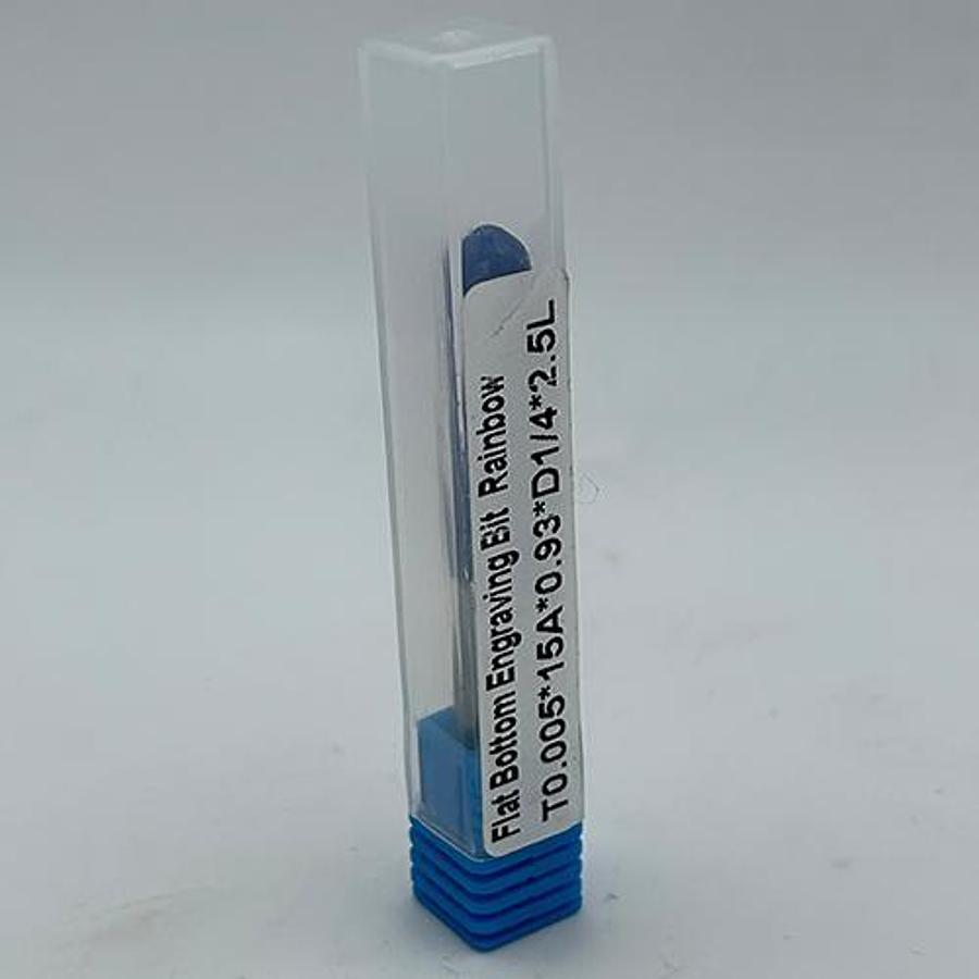 Solid Carbide Flat Bottom Engraving Bit – Rainbow Coated (T0.005 Tip, 15° Angle)