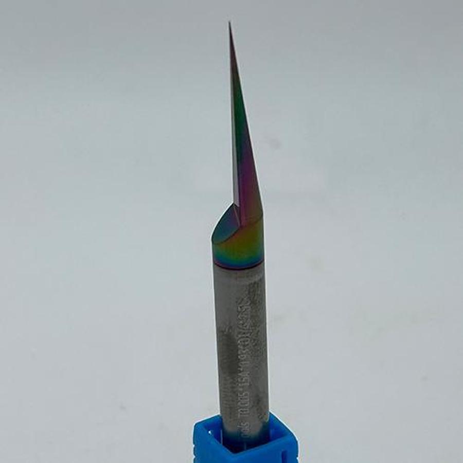 Solid Carbide Flat Bottom Engraving Bit – Rainbow Coated (T0.005 Tip, 15° Angle)