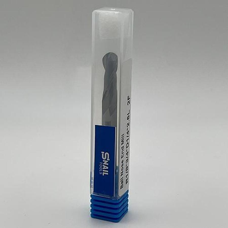 Solid Carbide 2 Flute Tapered Ball Nose End Mill (R1/8, 1/4″ Shank, 2.5″ Long)
