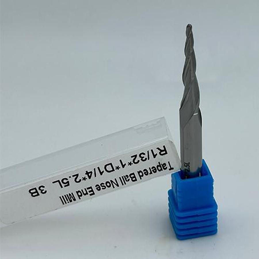 Solid Carbide 3 Flute Tapered Ball Nose End Mill (R1/32, 1/4″ Shank, 2.5″ Long)