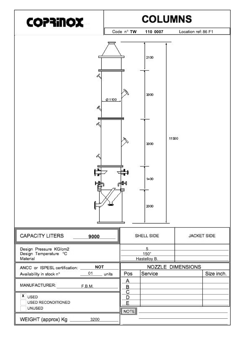 Usato Colonna a riempimento 9m3 hastelloy