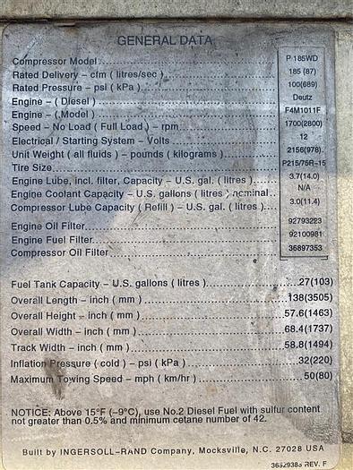 Used 1999 Ingersoll-Rand P185WD Air Compressor