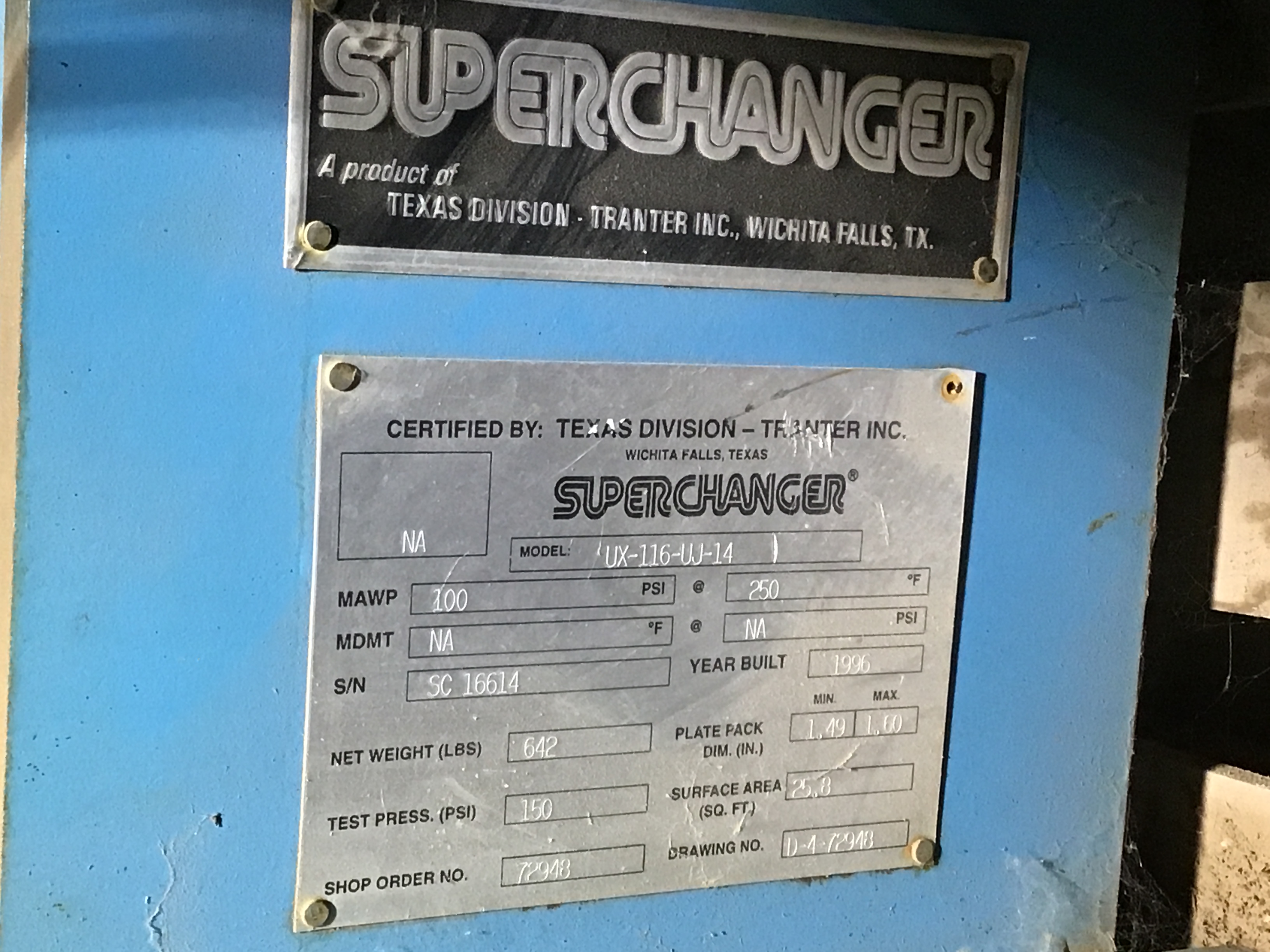 Used 25 Sqft Superchanger Heat exchanger Mdl. UX-116-UJ-14