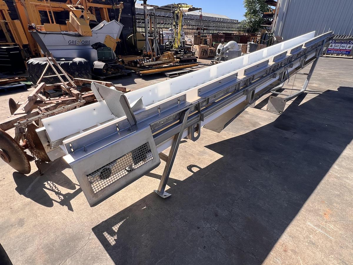 Used 18” wide x 24’ long stainless steel flighted belt elevator