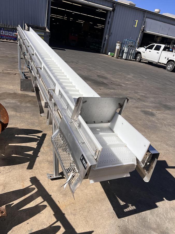 Used 18” wide x 24’ long stainless steel flighted belt elevator