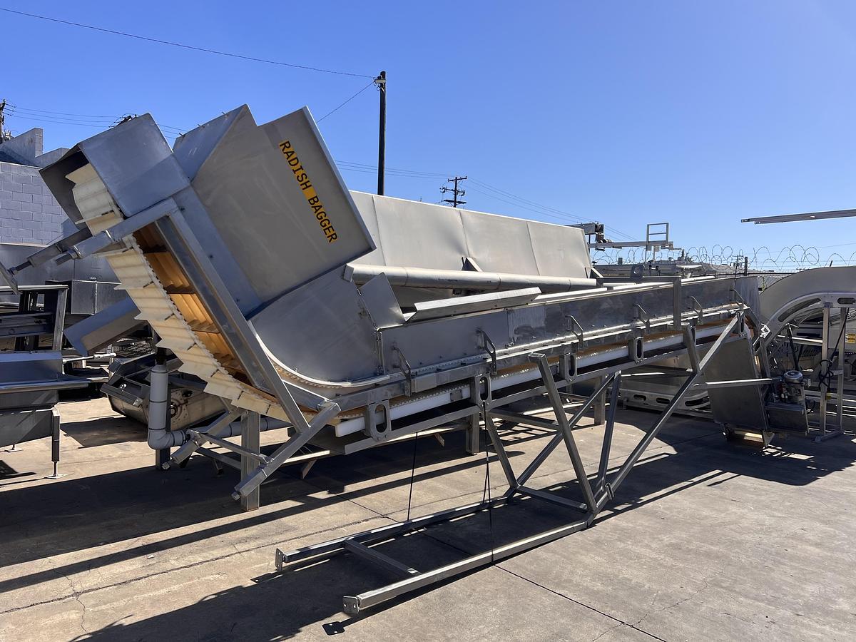 Used 8” wide x 20’ tall stainless steel gooseneck style flighted belt elevator