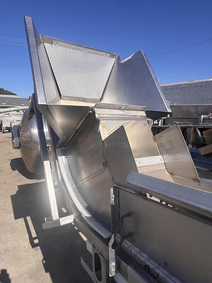 Used 8” wide x 20’ tall stainless steel gooseneck style flighted belt elevator