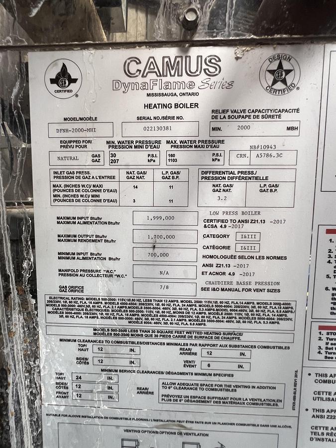 Used Camus ‘Dynaflame’ model DFNH-2000-MHI low pressure boiler