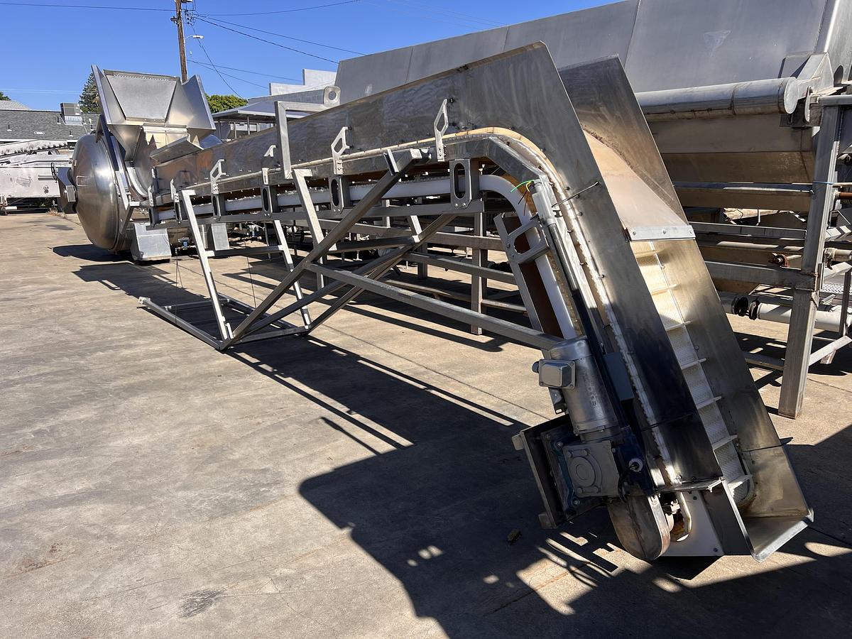 Used 8” wide x 20’ tall stainless steel gooseneck style flighted belt elevator