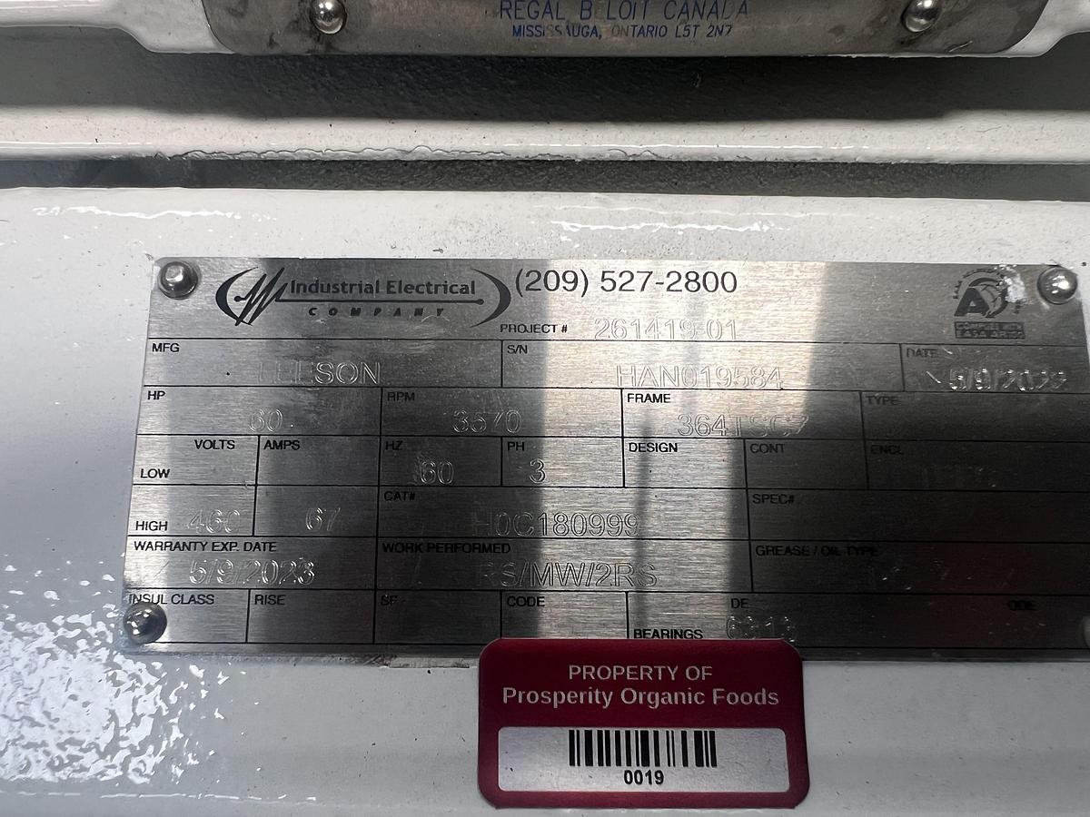 Used Corenco 60hp 3570rpm C-face drive motor for a model M15DA disintegrator