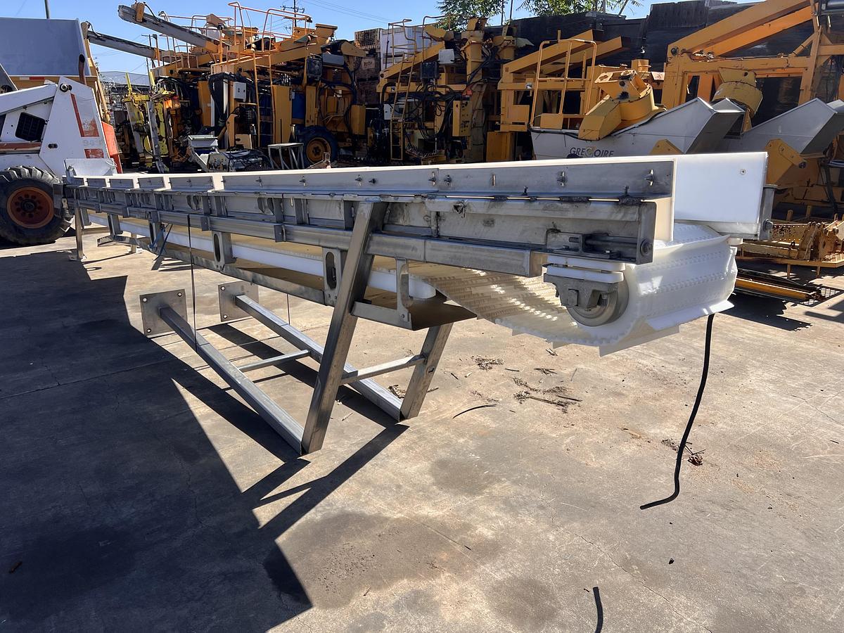 Used 18” wide x 24’ long stainless steel flighted belt elevator
