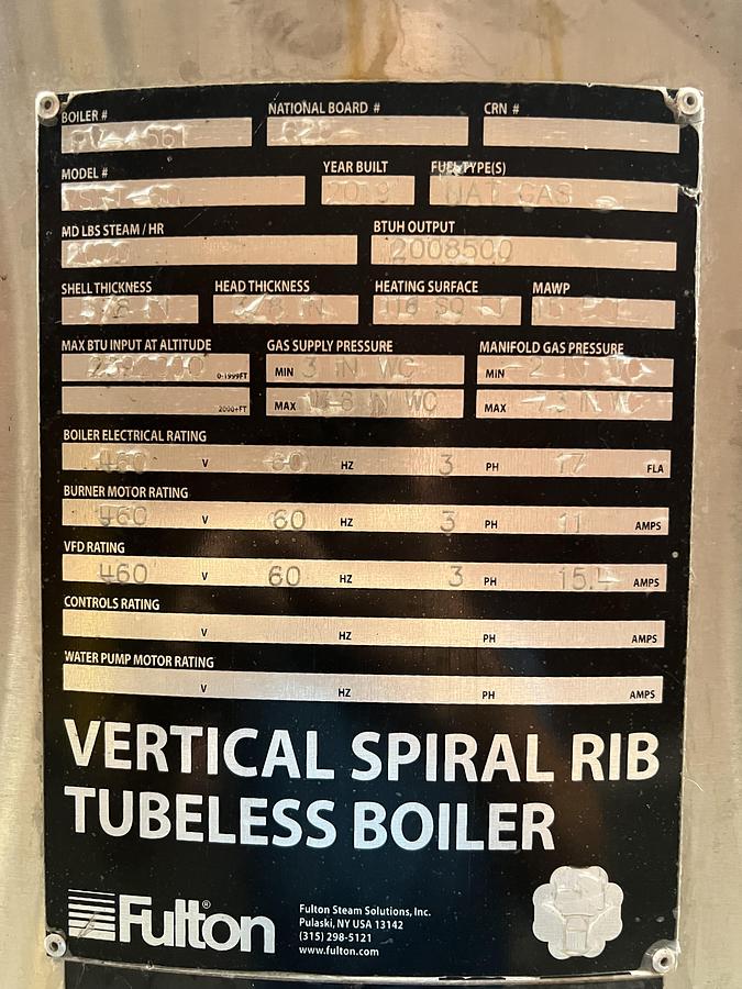 Used Parker model VSRT-60 Spiral Rib Tubeless steam boiler