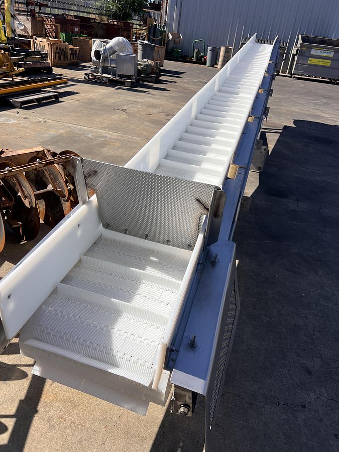 Used 18” wide x 24’ long stainless steel flighted belt elevator