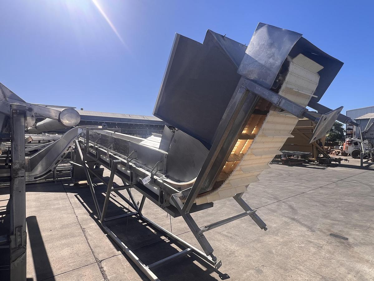 Used 8” wide x 20’ tall stainless steel gooseneck style flighted belt elevator