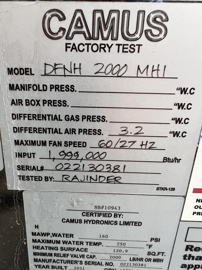 Used Camus ‘Dynaflame’ model DFNH-2000-MHI low pressure boiler