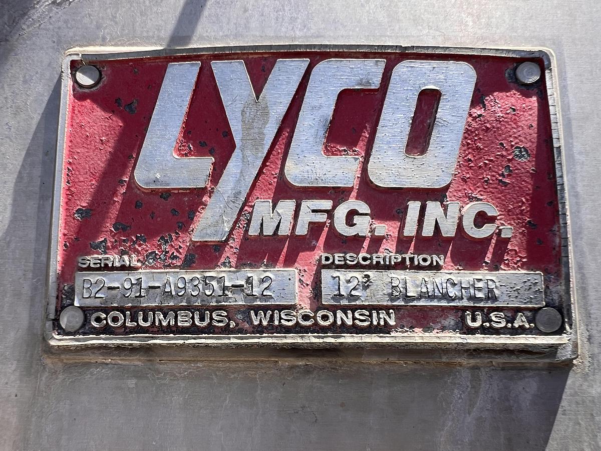 Used Lyco 60” diameter x 12’ long stainless steel hot water rotary blancher