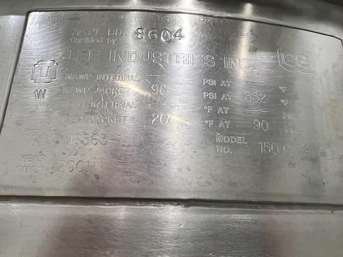 Used 150 GALLON LEE TILTING KETTLE - S/S - 90 PSI JACKET
