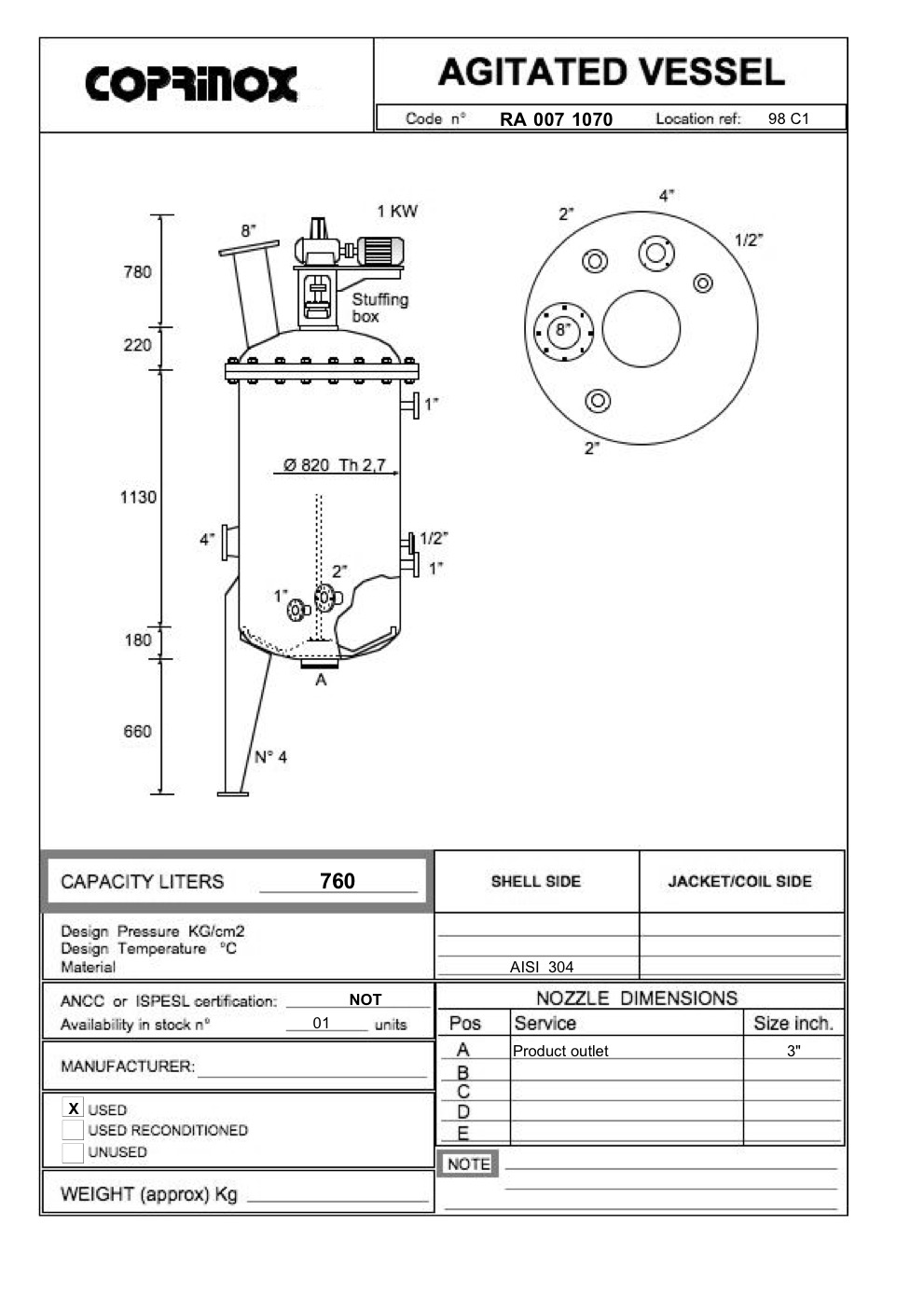 Usato Reattore / miscelatore da 760 Litri